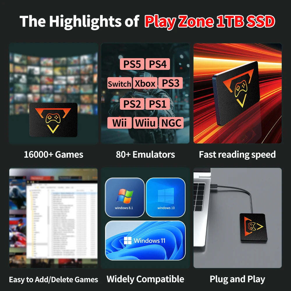 Play Zone 1TB Gaming SSD 80+ Emulator for PS5/PS4/Switch/XBOX/PS3/PS2 with 16191 Games Playnite&Launchbox&Retrobat for PC/Laptop
