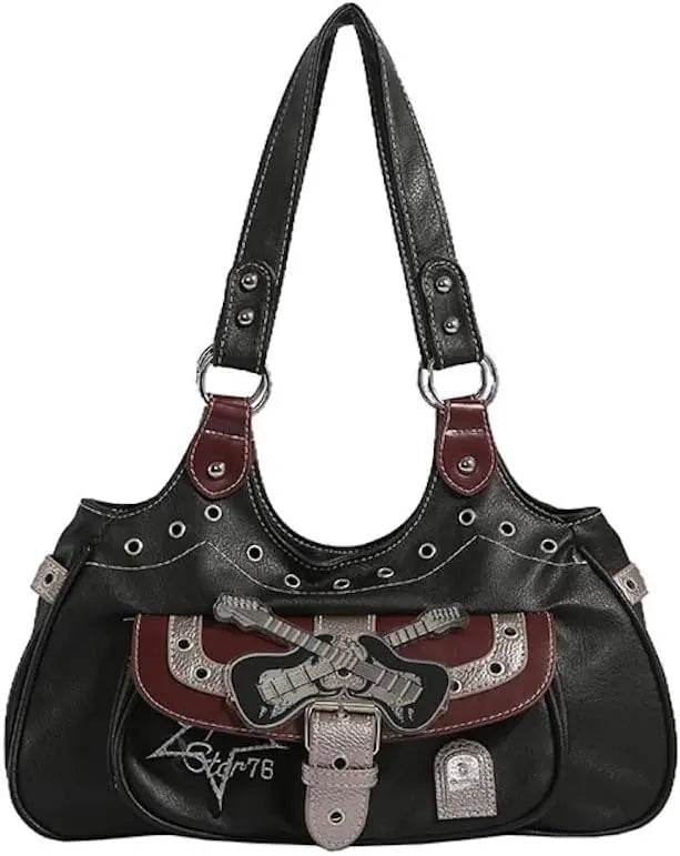 JHTPSLR Rivet Belt Punk Y2k Leather Shoulder Purse for Women Guitar Star Dark Grunge Goth Bag 2000s Streetwear