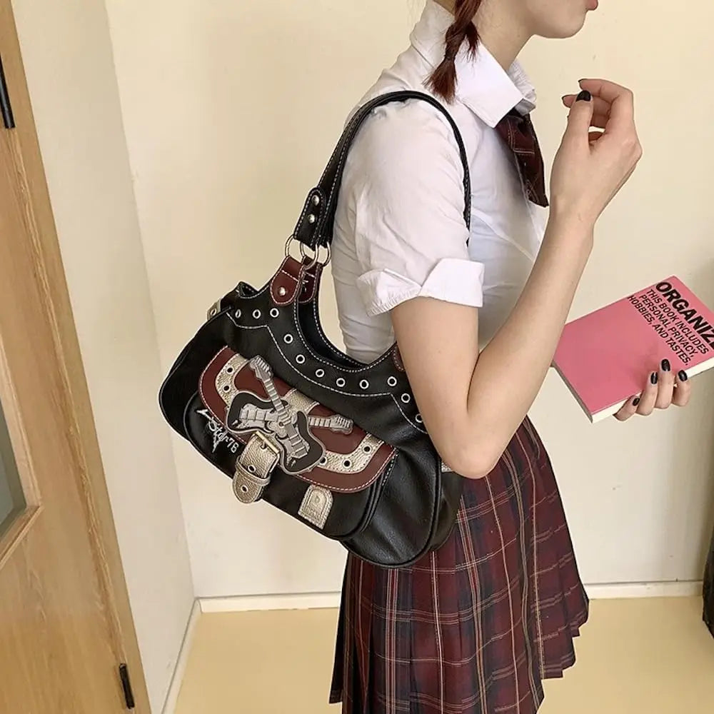 JHTPSLR Rivet Belt Punk Y2k Leather Shoulder Purse for Women Guitar Star Dark Grunge Goth Bag 2000s Streetwear