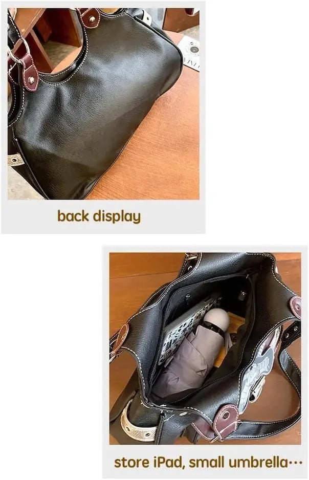 JHTPSLR Rivet Belt Punk Y2k Leather Shoulder Purse for Women Guitar Star Dark Grunge Goth Bag 2000s Streetwear