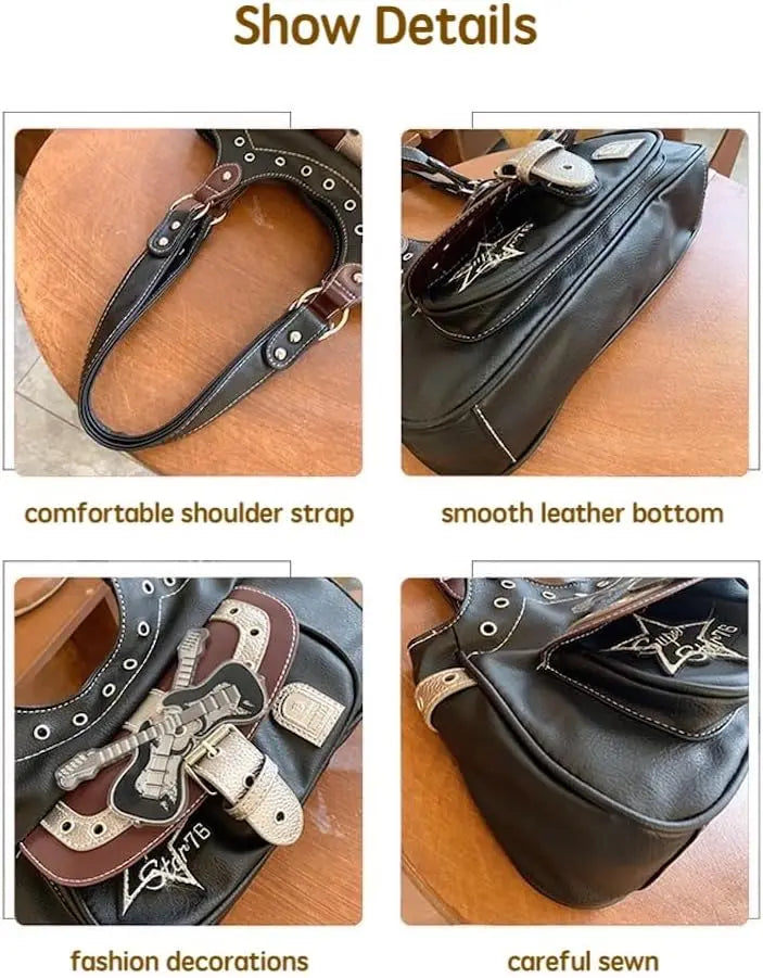JHTPSLR Rivet Belt Punk Y2k Leather Shoulder Purse for Women Guitar Star Dark Grunge Goth Bag 2000s Streetwear